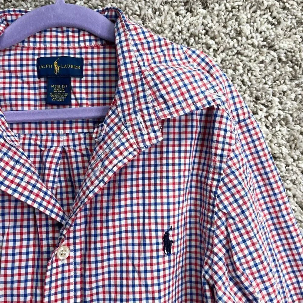 Ralph Lauren Shirt Boys M 10-12 Cotton Red, Blue & White Plaid Long Sleeve Butto